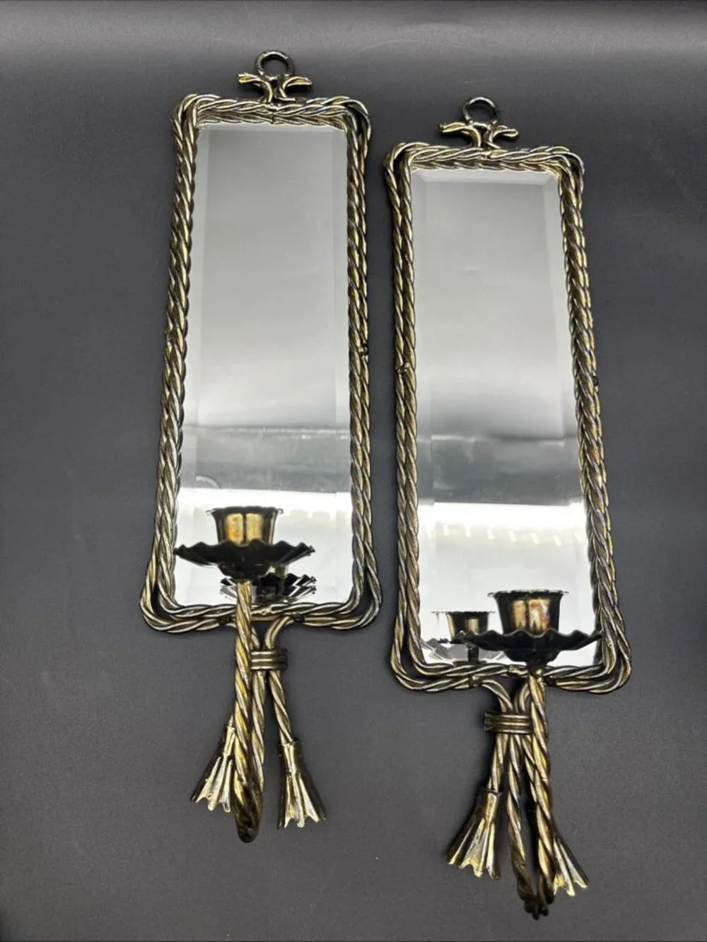 Vtg Midcentury French Gold Twisted Metal Rope Tassel Mirrored Candle Sconce Pair